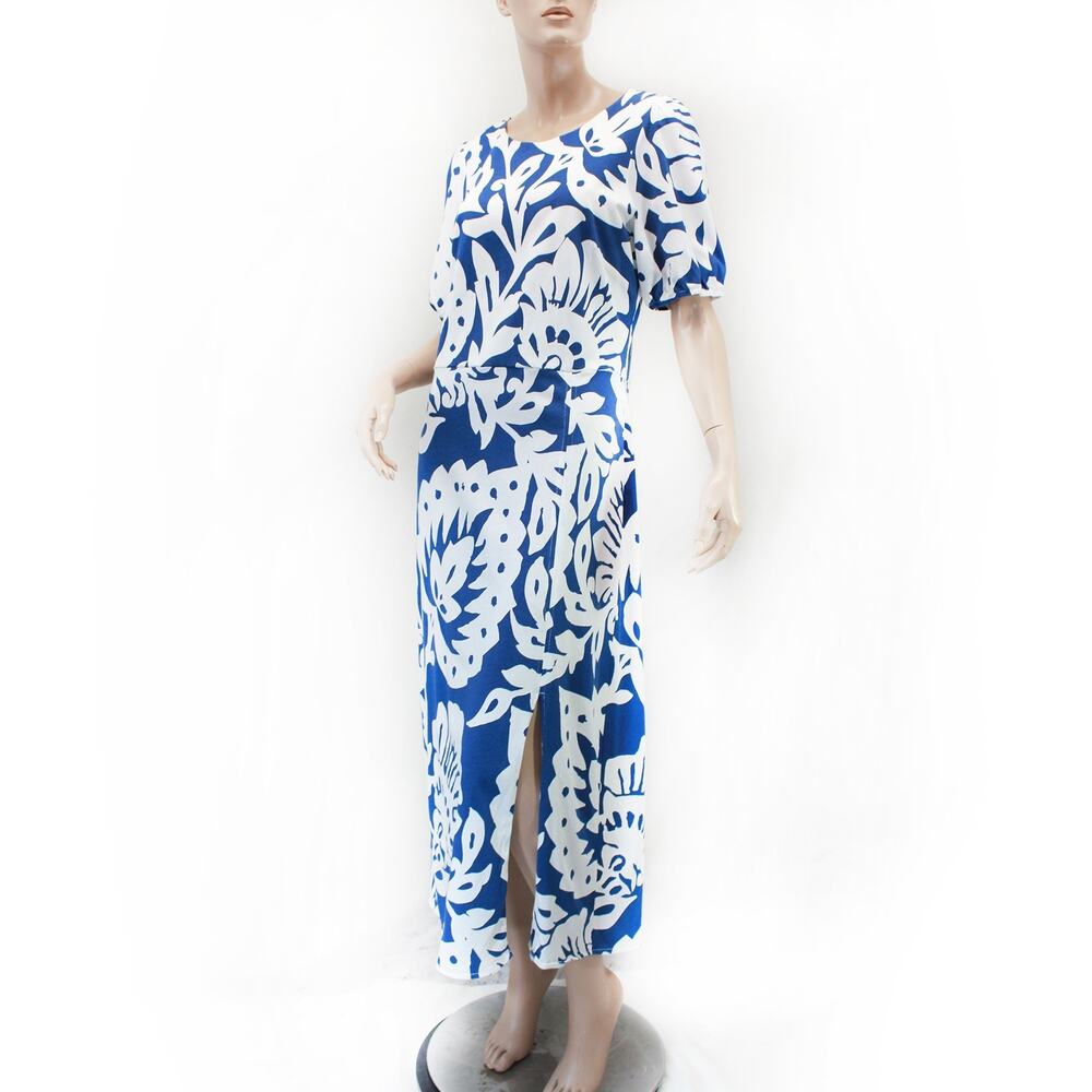 Boden blue tropical print midi dress slit resort cruise size US 14 UK 18